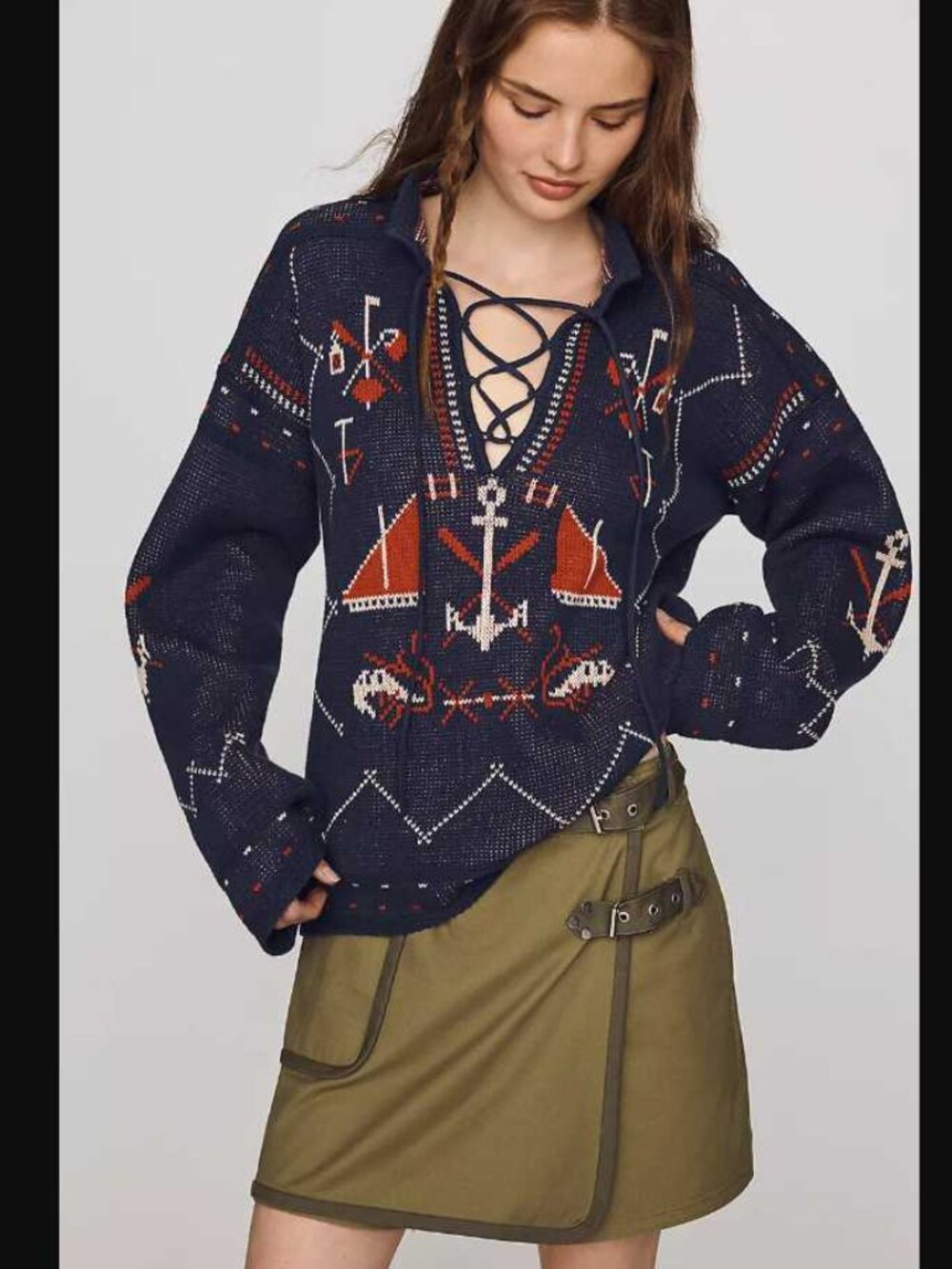 New 1 S The Great. x Anthropologie The Fisherman laceup pullover sweater Navy